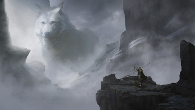 Обои картинки фото фэнтези, существа, фантастика, арт, волк, wolf, туман, скалы