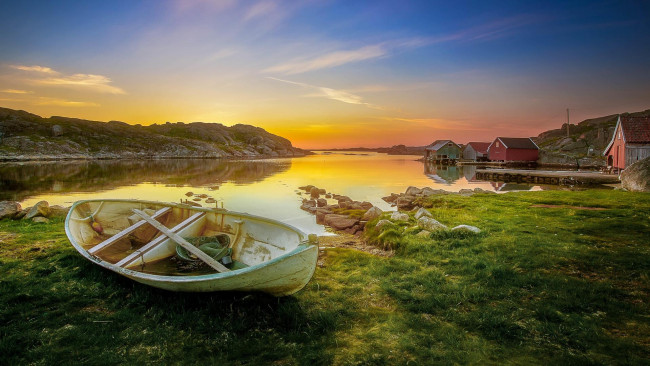 Обои картинки фото корабли, лодки,  шлюпки, берег, закат, рогаланд, норвегия, водоём