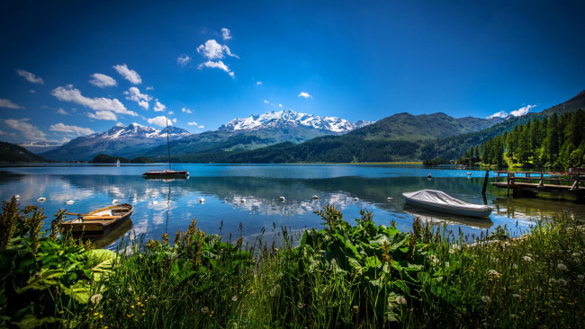 Обои картинки фото корабли, лодки,  шлюпки, пейзаж, швейцария, вид, на, озеро, сильзерзее