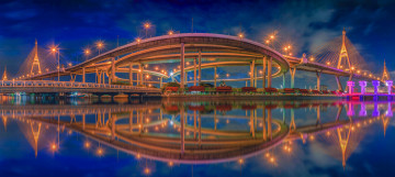 обоя мост бхумидол, тайланд, города, - мосты, огни, сооружение, таиланд, бангкок, мост, бхумибол, панорама