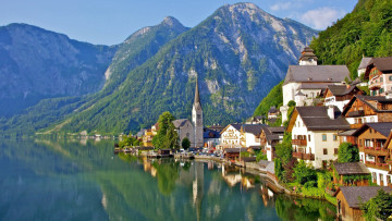 Картинка города гальштат+ австрия озеро горы отражение