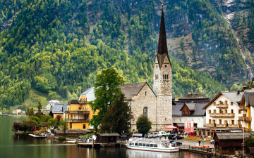 Картинка города гальштат+ австрия озеро горы пристань