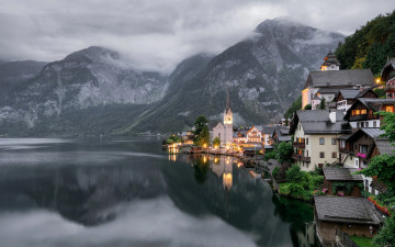 обоя города, гальштат , австрия, озеро, горы, туман, вечер