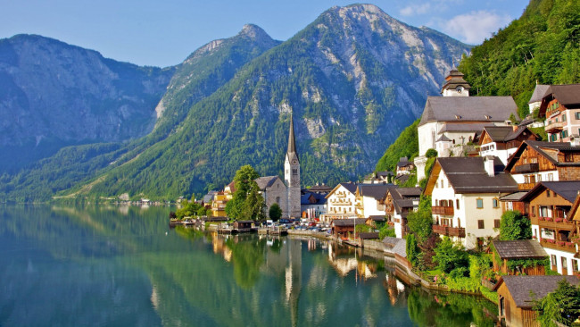 Обои картинки фото города, гальштат , австрия, озеро, горы, отражение