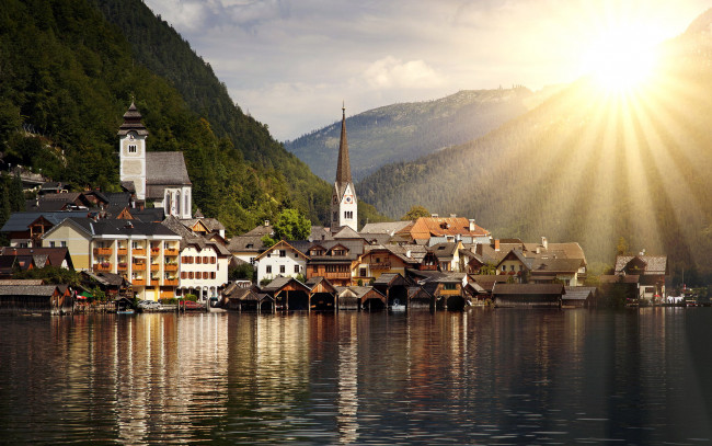 Обои картинки фото города, гальштат , австрия, озеро, горы, дома