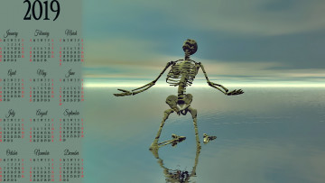обоя календари, 3д-графика, скелет, отражение, водоем