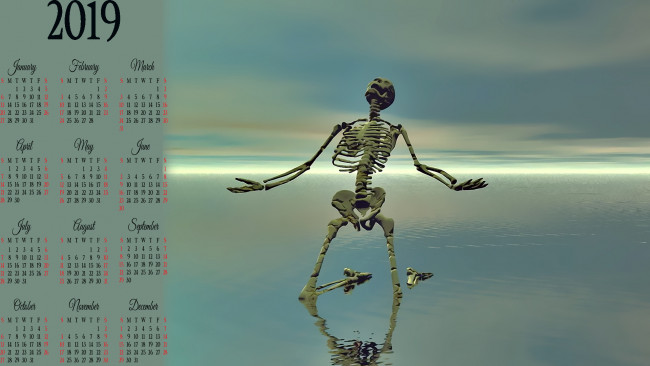 Обои картинки фото календари, 3д-графика, скелет, отражение, водоем