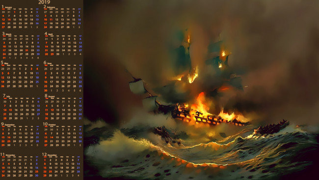 Обои картинки фото календари, фэнтези, огонь, пламя, пожар, водоем, лодка, парусник