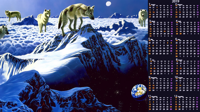 Обои картинки фото календари, фэнтези, стая, волк, снег, планета