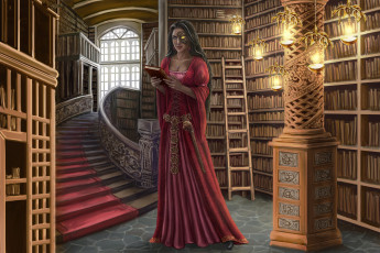 Картинка фэнтези девушки девушка фон платье библиотека