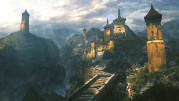 Картинка фэнтези замки город фон горы