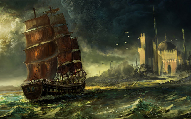 Обои картинки фото корабли, рисованные, корабль, парусник, чайки, море, берег, город