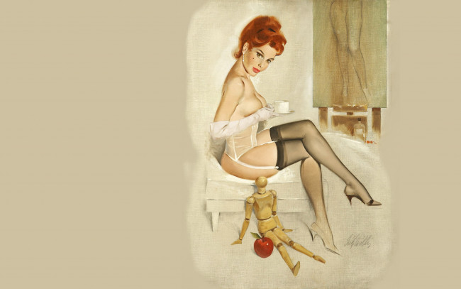 Обои картинки фото рисованное, fritz willis, девушка, рыжая, белье, чулки, пуфик, перчатки, чашка, картина, марионетка, яблоко