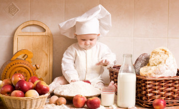 Картинка разное дети поваренок яблоки корзины молоко