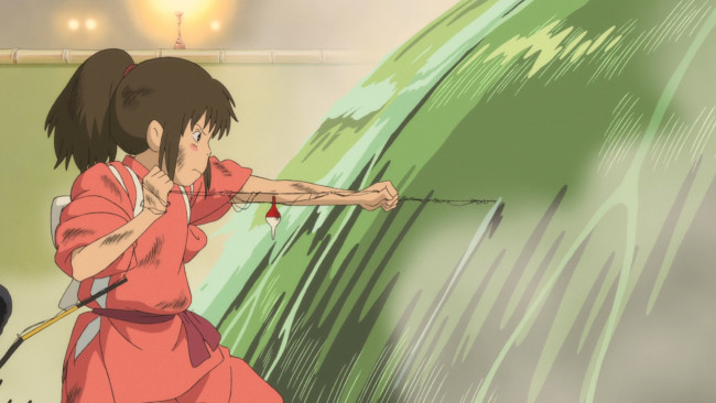 Обои картинки фото аниме, spirited away, девочка, удочка, водопад