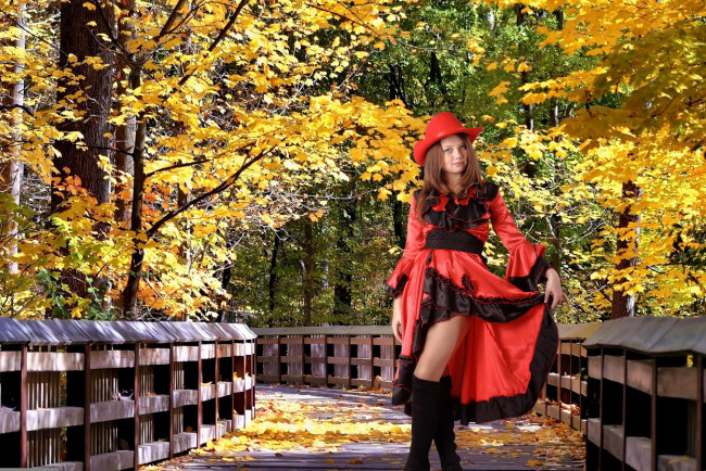Обои картинки фото девушки, kleofia, парк, осень, платье, шляпа