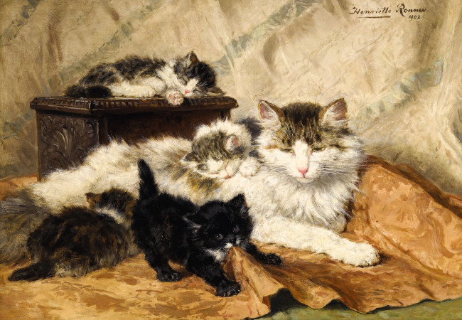 Обои картинки фото рисованное, henriette ronner-knip, кошка, котята, шкатулка, ткань