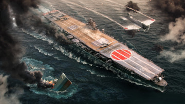 Картинка видео+игры world+of+warships море корабли бой авианосец самолеты