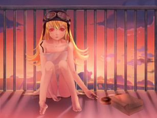 Картинка аниме bakemonogatari ограждение oshino+shinobu девушка платье шлем пончик еда небо закат облака крыша