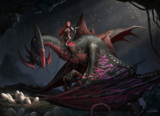 обоя фэнтези, красавицы и чудовища, рыжая, яйца, девушка, пещера, дракон, арт