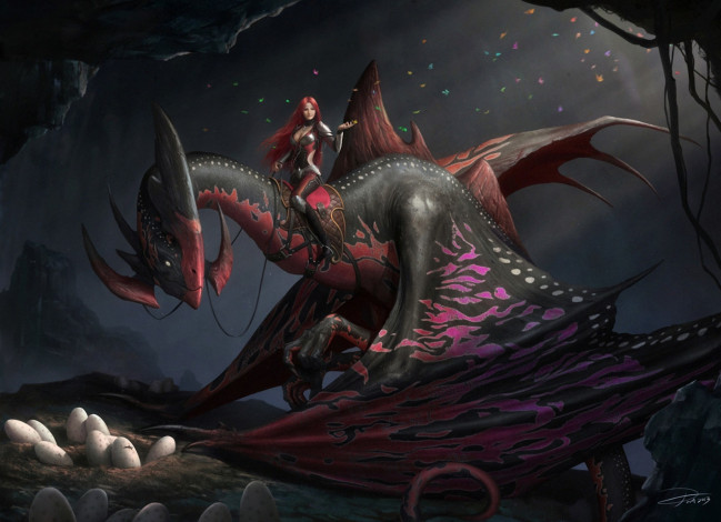Обои картинки фото фэнтези, красавицы и чудовища, рыжая, яйца, девушка, пещера, дракон, арт