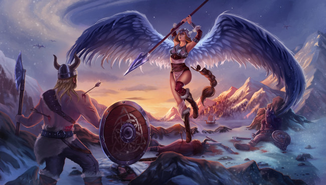 Обои картинки фото фэнтези, ангелы, валькирия, крылья, битва, арт, горы, копье, снег, раны, стрелы, викинг, воин