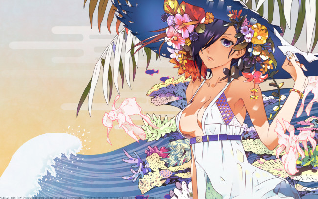 Обои картинки фото аниме, tokyo ghoul, ремень, платье, шляпа, вода, море, кораллы, рыбы, nishihara, isao, kirishima, touka, девушка, ishida, sui, alenas, цветы