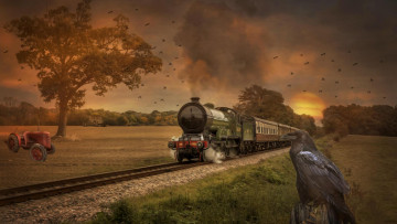 Картинка рисованное -+другое ворон паровоз железная дорога поле закат