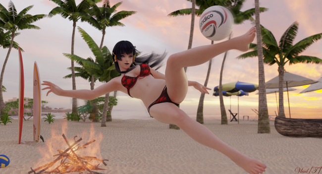 Обои картинки фото 3д графика, спорт , sport, мяч, пляж, фон, взгляд, девушка