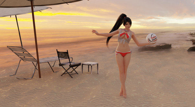 Обои картинки фото 3д графика, спорт , sport, взгляд, девушка, мяч, пляж, фон
