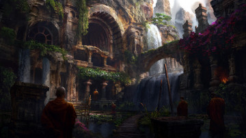 Картинка фэнтези иные+миры +иные+времена замок монастырь монахи зелень водопад