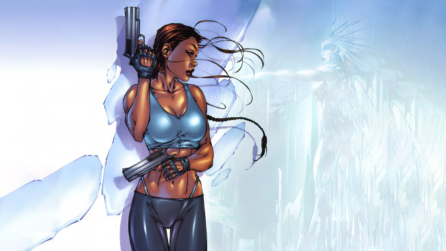 Обои картинки фото 295645, рисованное, комиксы, девушка, с, пистолетом