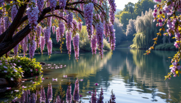 обоя 3д графика, природа , nature, озеро, деревья, глициния