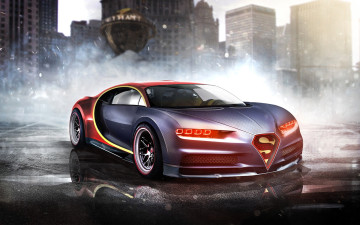 обоя bugatti chiron, фэнтези, транспортные средства, машина, лужи, туман, дым, город, здания
