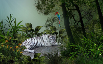 Картинка 3д графика animals животные тигр лес попугай
