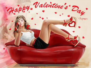 Картинка праздничные день+святого+валентина +сердечки +любовь сердечки воздушный поцелуй губы диван девушка