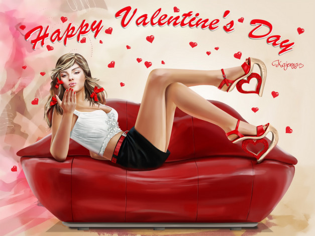 Обои картинки фото праздничные, день святого валентина,  сердечки,  любовь, сердечки, воздушный, поцелуй, губы, диван, девушка