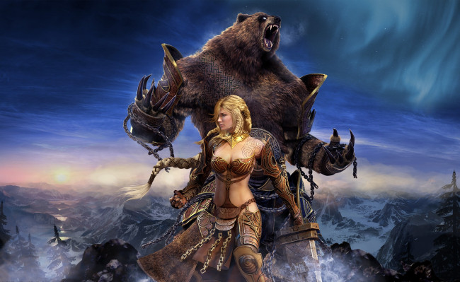 Обои картинки фото видео игры, guild wars,  eye of the north, игра, девушка, медведь
