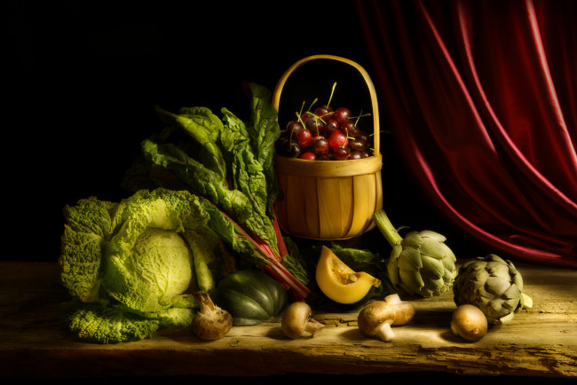 Обои картинки фото еда, фрукты и овощи вместе, капуста, вишня, корзина