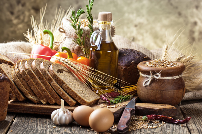 Обои картинки фото еда, разное, хлеб, перец, чеснок, яйцо, пшено, масло