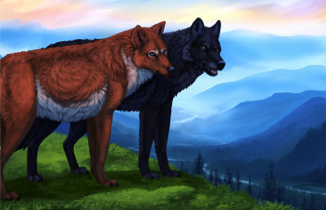 Картинка рисованное животные +волки взгляд фон лес волки пейзаж река