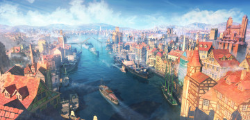 Картинка рисованное города река порт город пейзаж облака небо дома лодка корабль