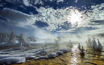 Картинка природа зима снег пейзаж туман река утро