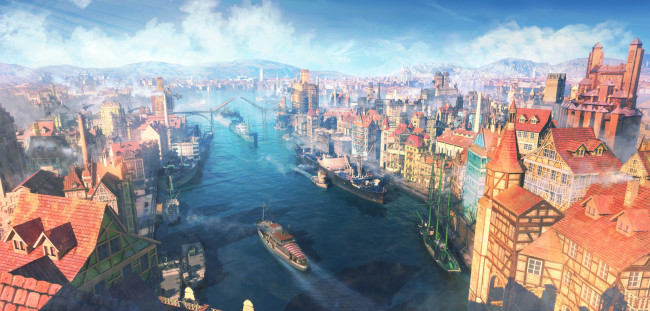 Обои картинки фото рисованное, города, река, порт, город, пейзаж, облака, небо, дома, лодка, корабль