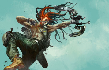 Картинка фэнтези люди оружие лук мужчина арт прыжок дреды татуировки металл тату
