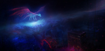 Картинка фэнтези драконы город ночь полет дракон