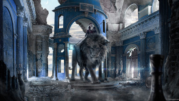 Картинка фэнтези фотоарт fantasy лев carles marsal руины девушка