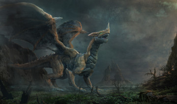 обоя фэнтези, драконы, скалы, чудовище, крылья, дракон