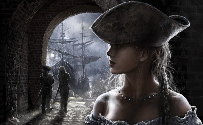 Обои картинки фото фэнтези, девушки, пираты, шляпа, причал, корабль, девушка
