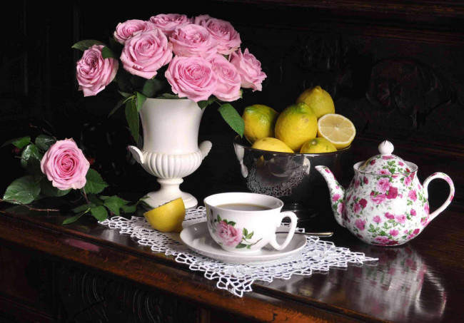 Обои картинки фото еда, натюрморт, цветы, чай, лимоны